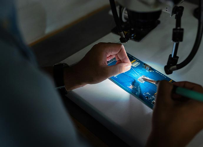 A pair of hands working on a circuit board.